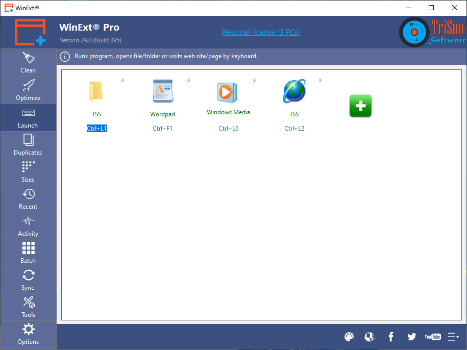 WinExt Free — раздел Launch с ресурсами и назначенными сочетаниями клавиш