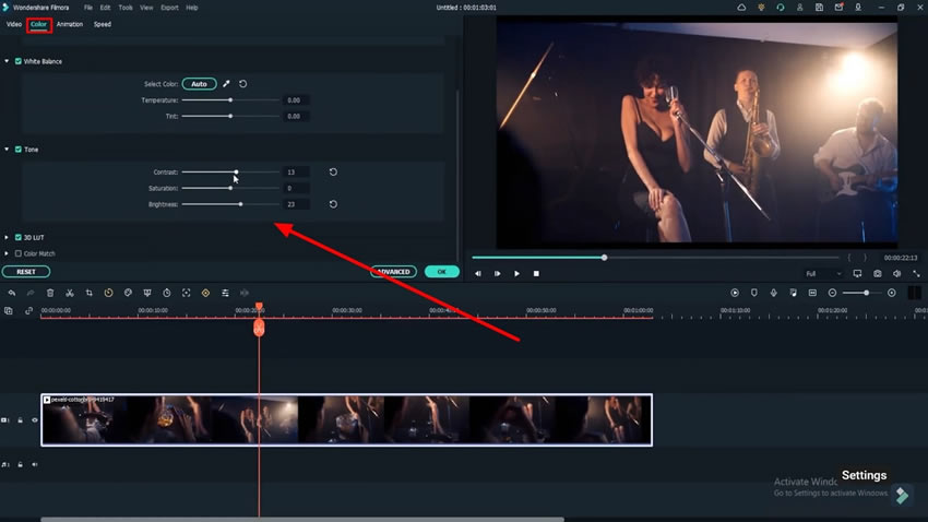 Осветление видео в Filmora