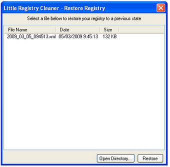 Little Registry Cleaner — окно Restore Registry для отката изменений