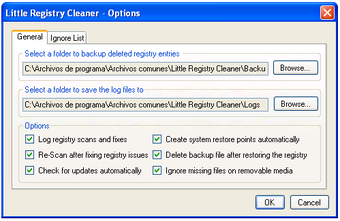 Little Registry Cleaner — окно Options с основными параметрами программы