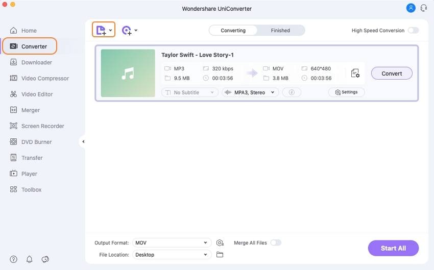 Загрузка MP3 в Wondershare UniConverter