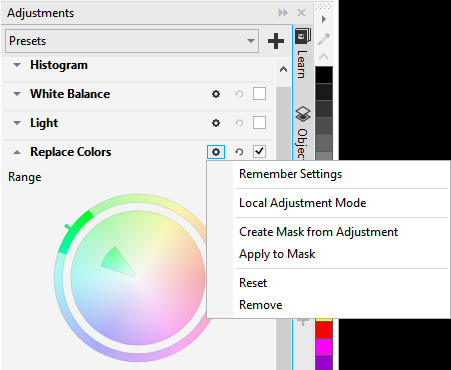Adjustments docker в Corel PHOTO-PAINT