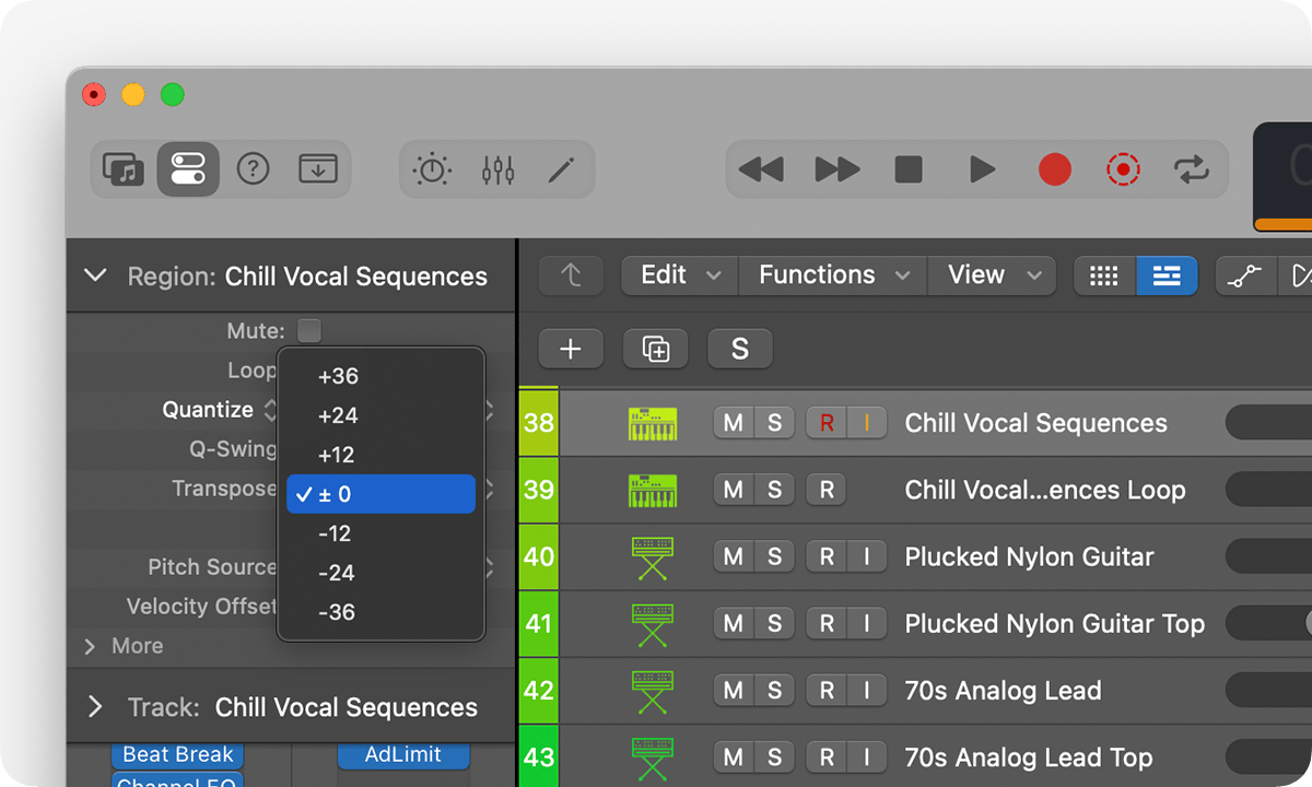 Параметры Transpose и Fine Tune в Logic Pro