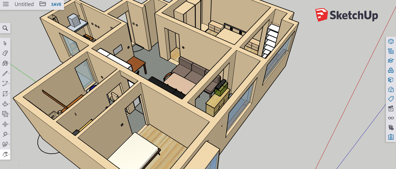 Интерфейс SketchUp с объёмной моделью дома