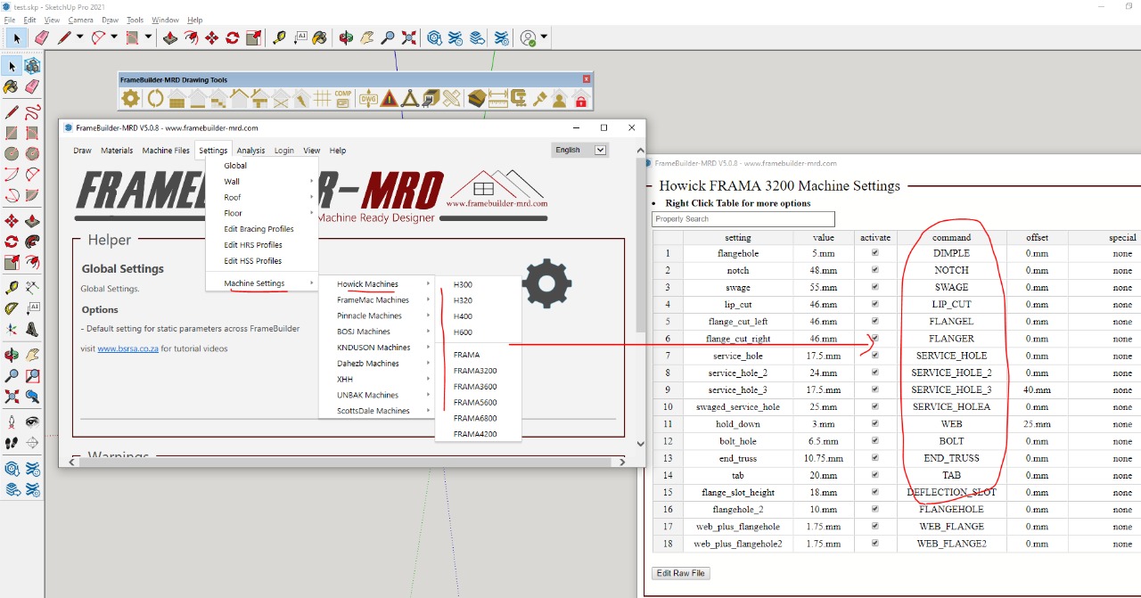 Machine Settings и команды tooling в FrameBuilder-MRD