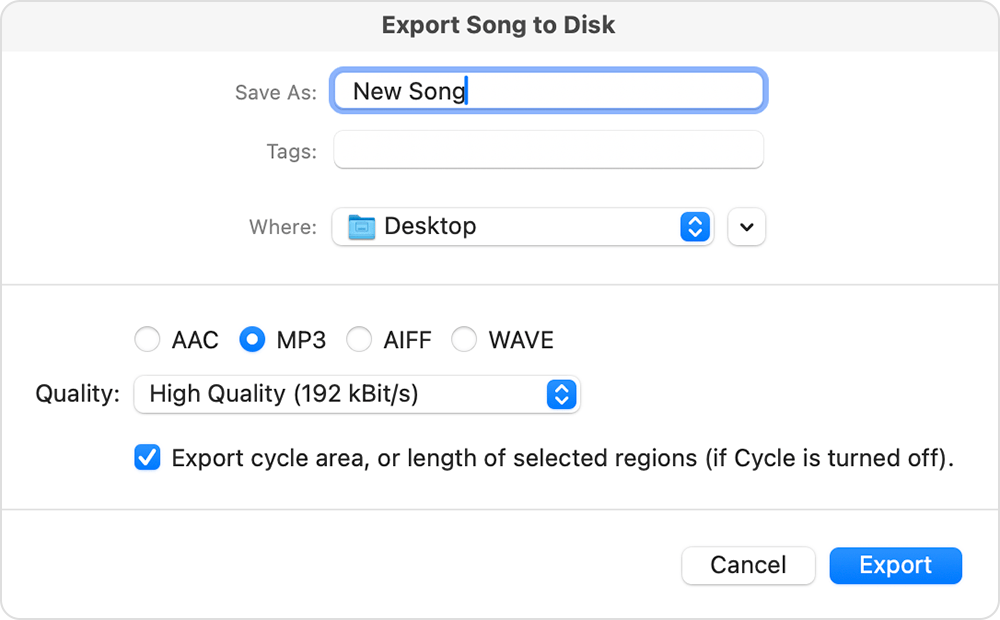 Экспорт песни из GarageBand на macOS