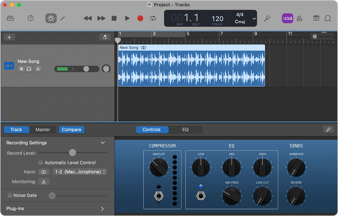 GarageBand на Mac: импортированная звуковая дорожка