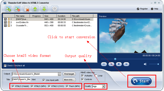 Запуск конвертации в ThunderSoft Video to HTML5 Converter
