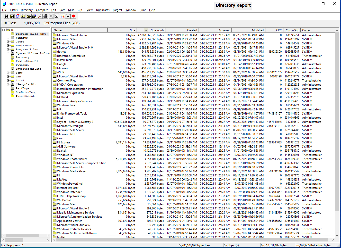 Directory Report в режиме просмотра Program Files (x86) с сортировкой по размеру папок и отображением Size wSub