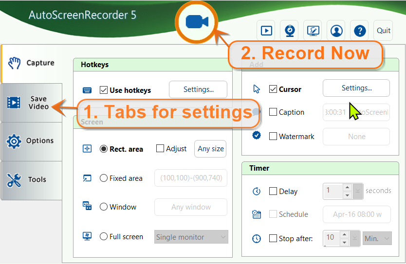 Главное окно AutoScreenRecorder 5
