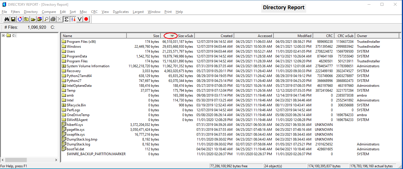 Главное окно Directory Report с деревом диска C:, колонками Size, Size wSub, Created, Accessed, Modified, CRC и Owner