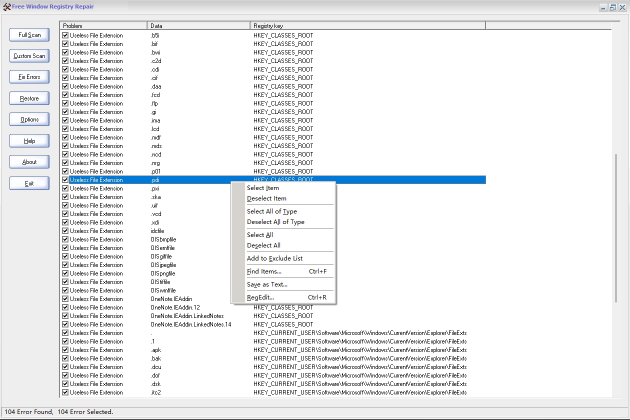 Главное окно Free Window Registry Repair с результатами проверки