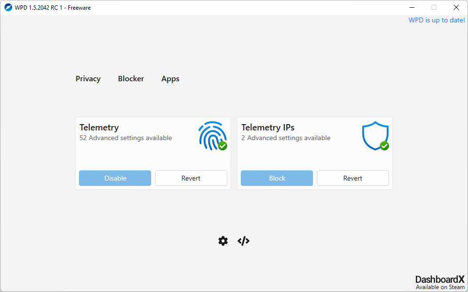 Главное окно WPD с разделами Telemetry и Telemetry IPs