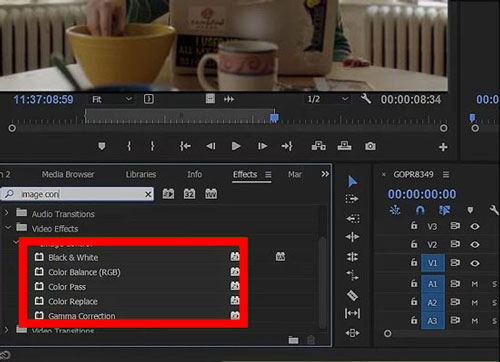 Adobe Premiere Pro: поиск эффекта Black & White