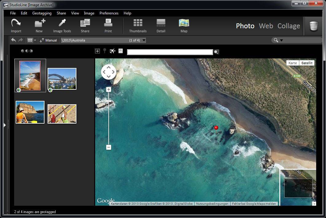 Map View в StudioLine Photo Basic: слева миниатюры, справа карта с привязкой выбранных фотографий