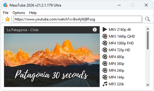 MassTube с акцентом на выбор качества и формата: справа доступны видео- и аудиопрофили для одного URL