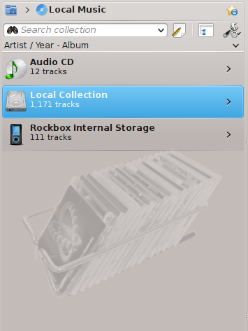 Панель Media Sources в Amarok