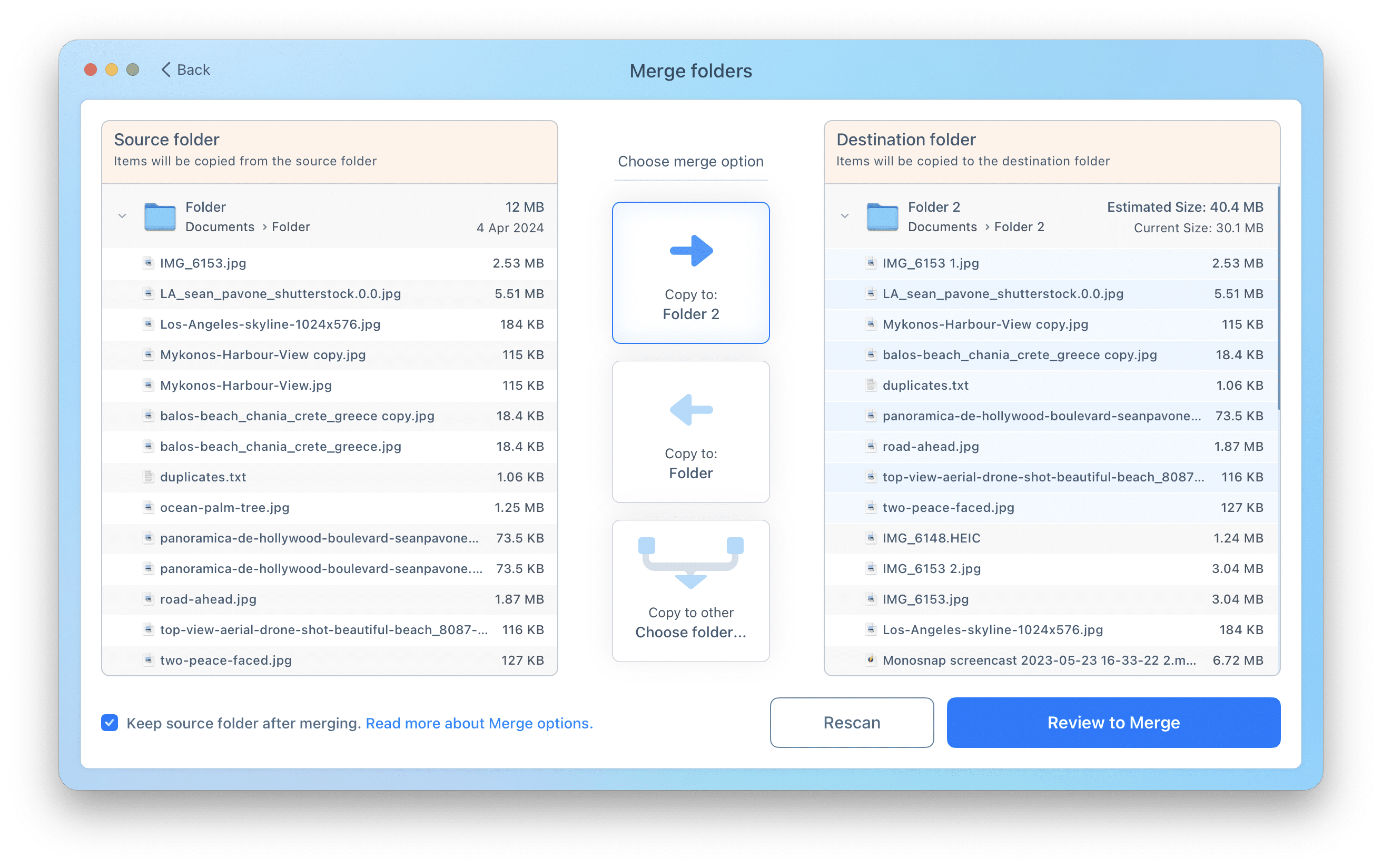 Окно Merge folders в Nektony Duplicate File Finder