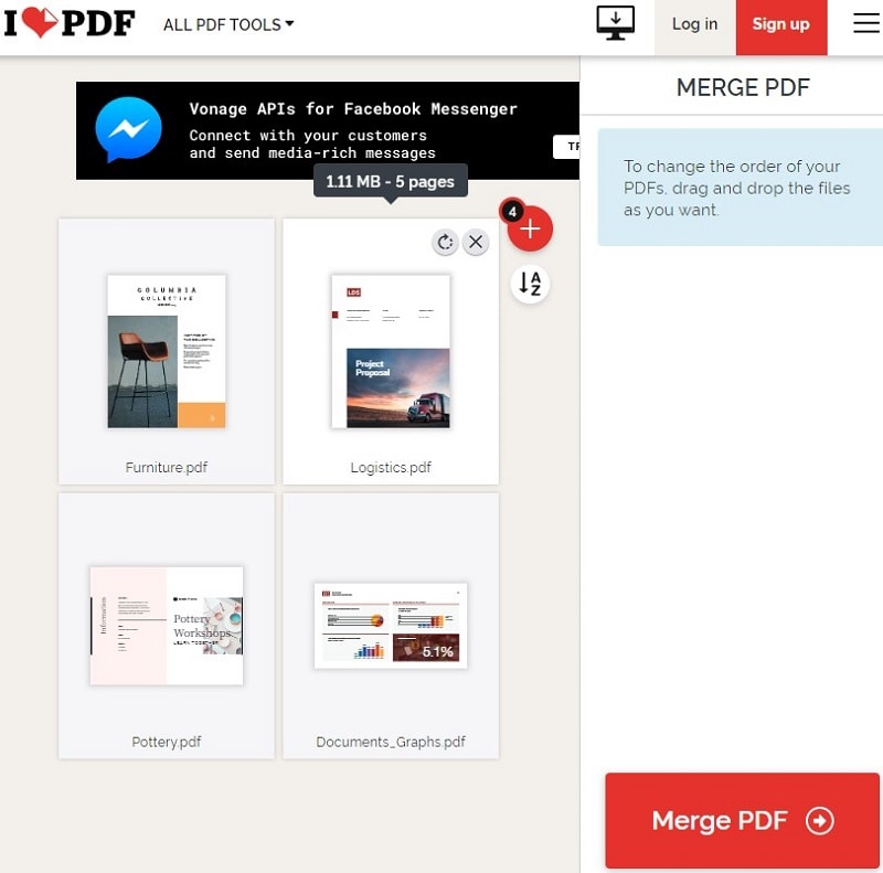 Интерфейс iLovePDF для объединения PDF