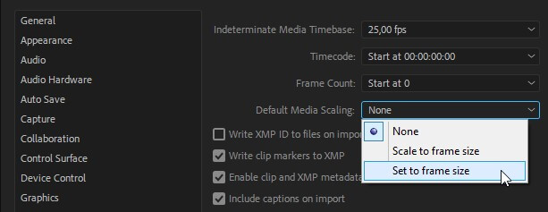 Удаление черных полос в Premiere Pro через настройки кадра