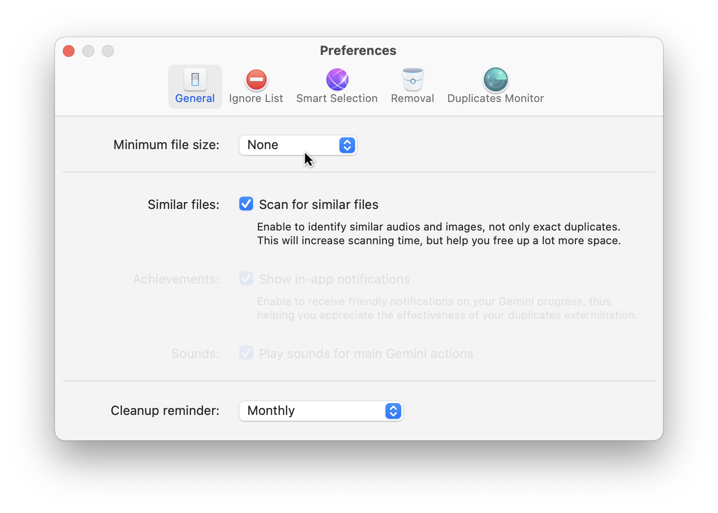 Gemini 2 — вкладка General с параметром Scan for similar files