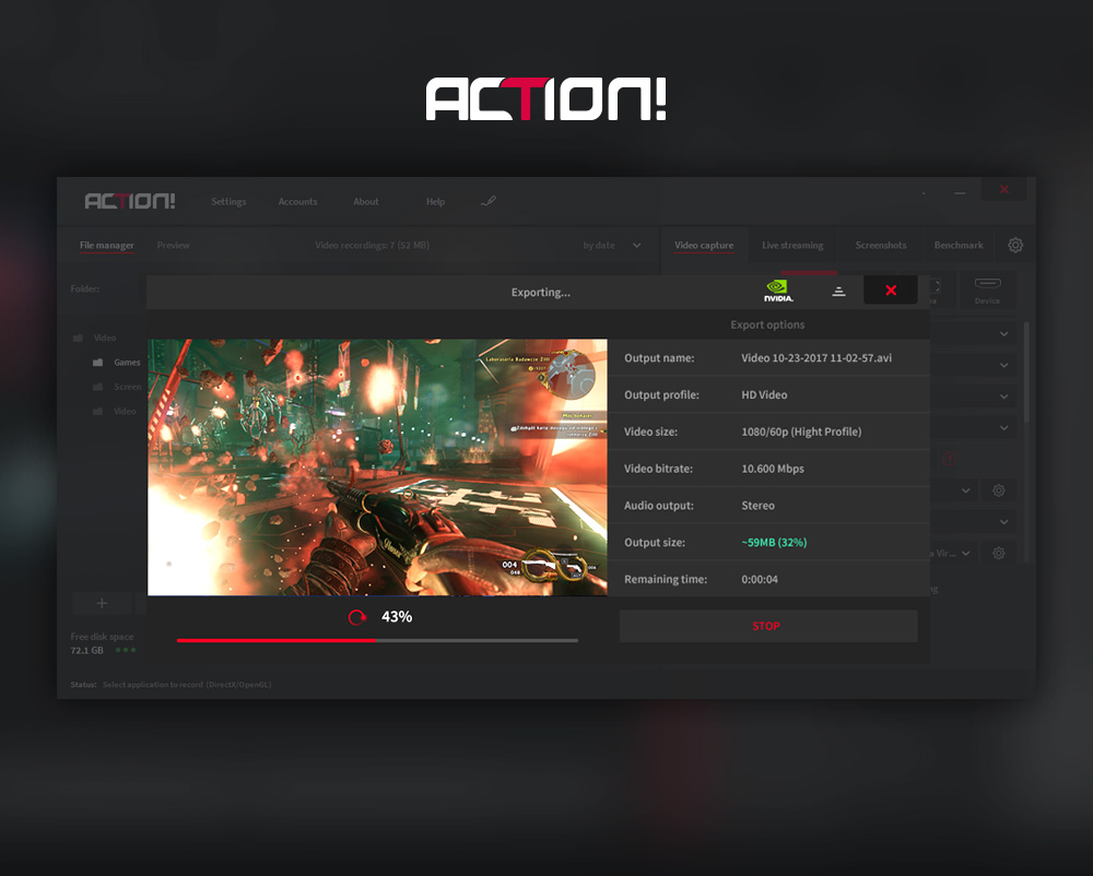 Окно экспорта записи в Mirillis Action!