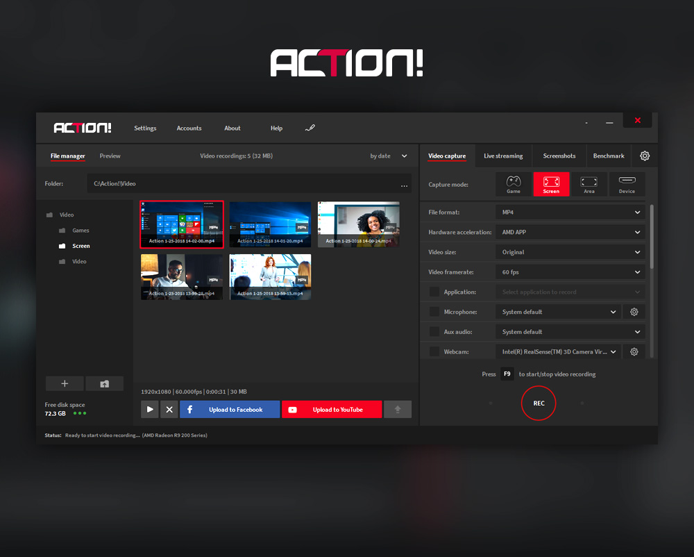Mirillis Action! в режиме Screen для записи рабочего стола