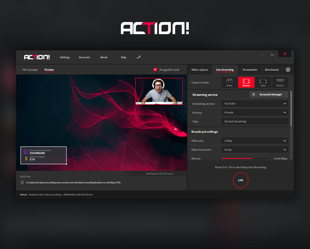 Вкладка Live streaming в Mirillis Action!