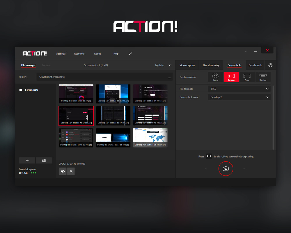 Вкладка Screenshots в Mirillis Action!