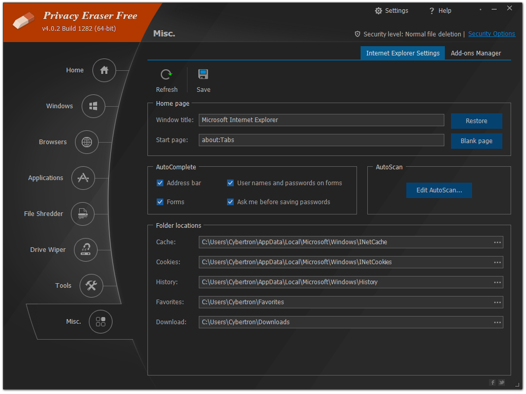 Дополнительный раздел Misc. в Privacy Eraser с настройками Internet Explorer
