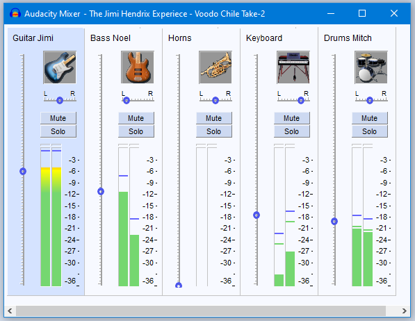 Mixer Board Audacity с фейдерами Gain, Pan, Mute и Solo