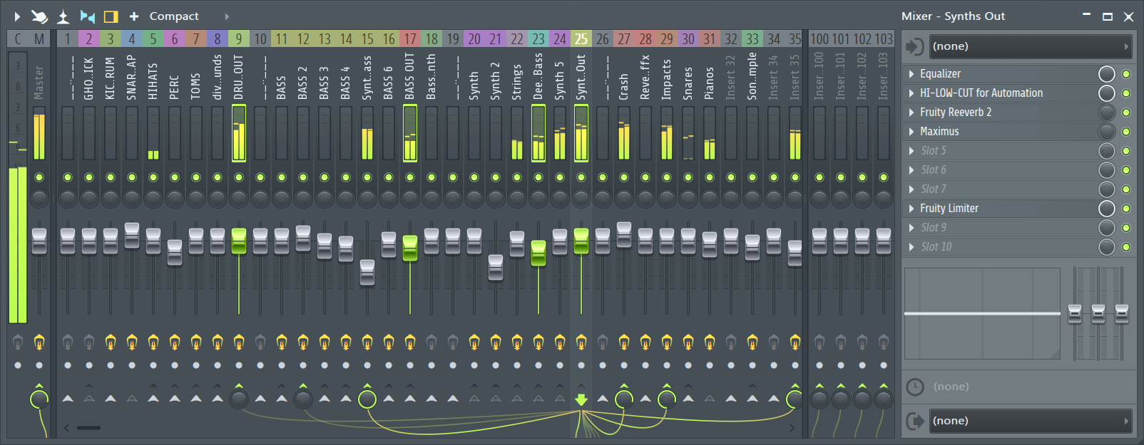 Микшер FL Studio с каналами, фейдерами, маршрутизацией и слотами эффектов
