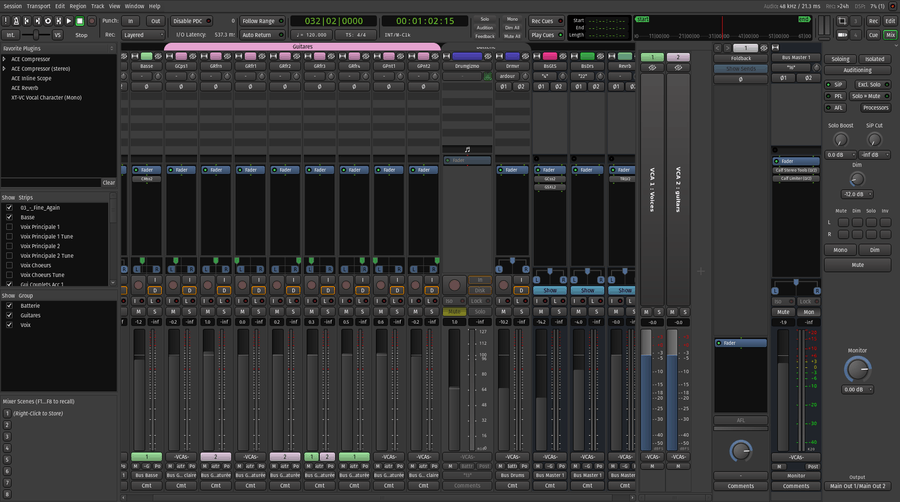 Окно Mixer в Ardour