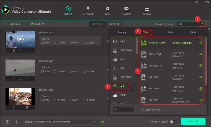 Выбор AVI при конвертации MOD в Wondershare UniConverter