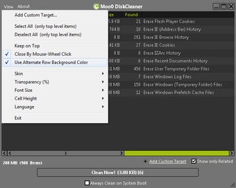 Меню View и настройки интерфейса в Moo0 Disk Cleaner