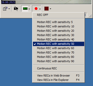 Меню красной кнопки записи: REC OFF, Motion REC с чувствительностью и Continuous REC