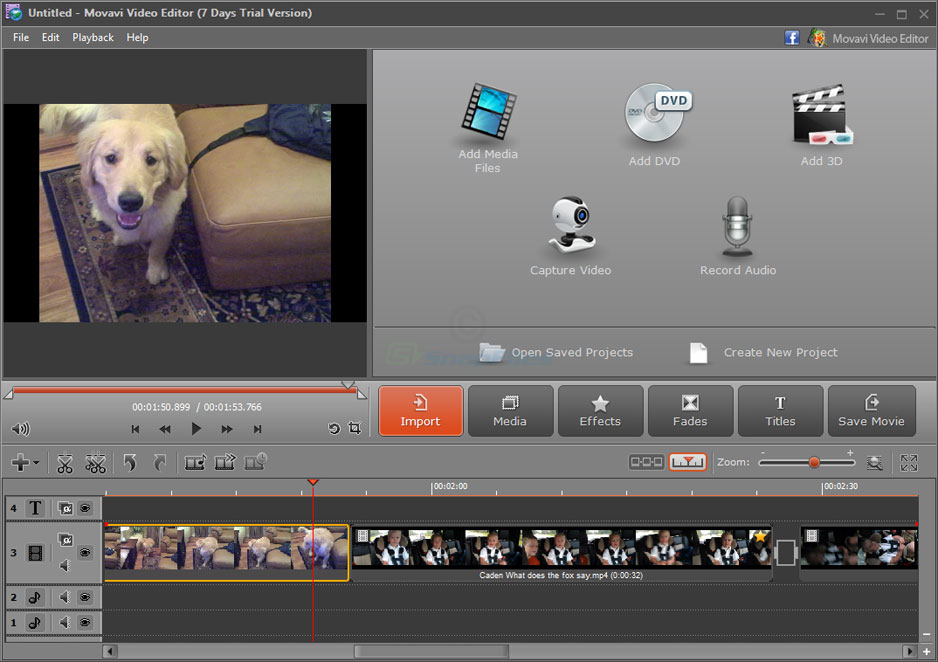 Интерфейс Movavi Video Editor с окном просмотра, медиатекой и таймлайном