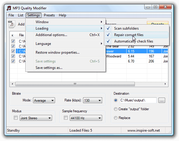 Настройки загрузки в MP3 Quality Modifier