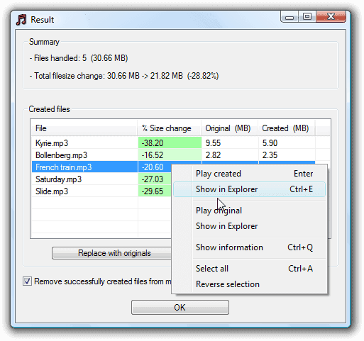 Окно Result в MP3 Quality Modifier