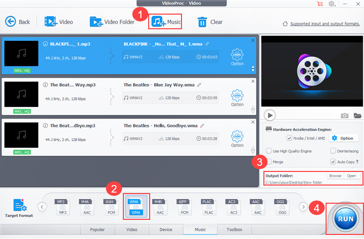 Конвертация MP3 в WMA в VideoProc Converter AI