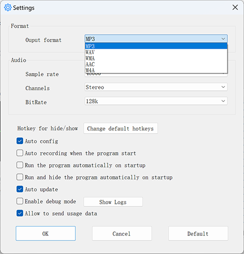 Окно Settings в MP3 Audio Recorder