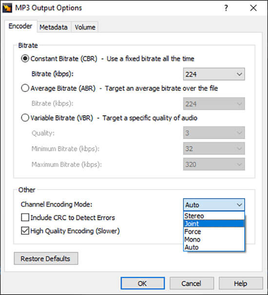 Окно MP3 Output Options в NCH Switch Plus