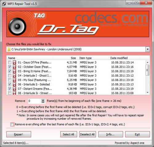 Окно MP3 Repair Tool