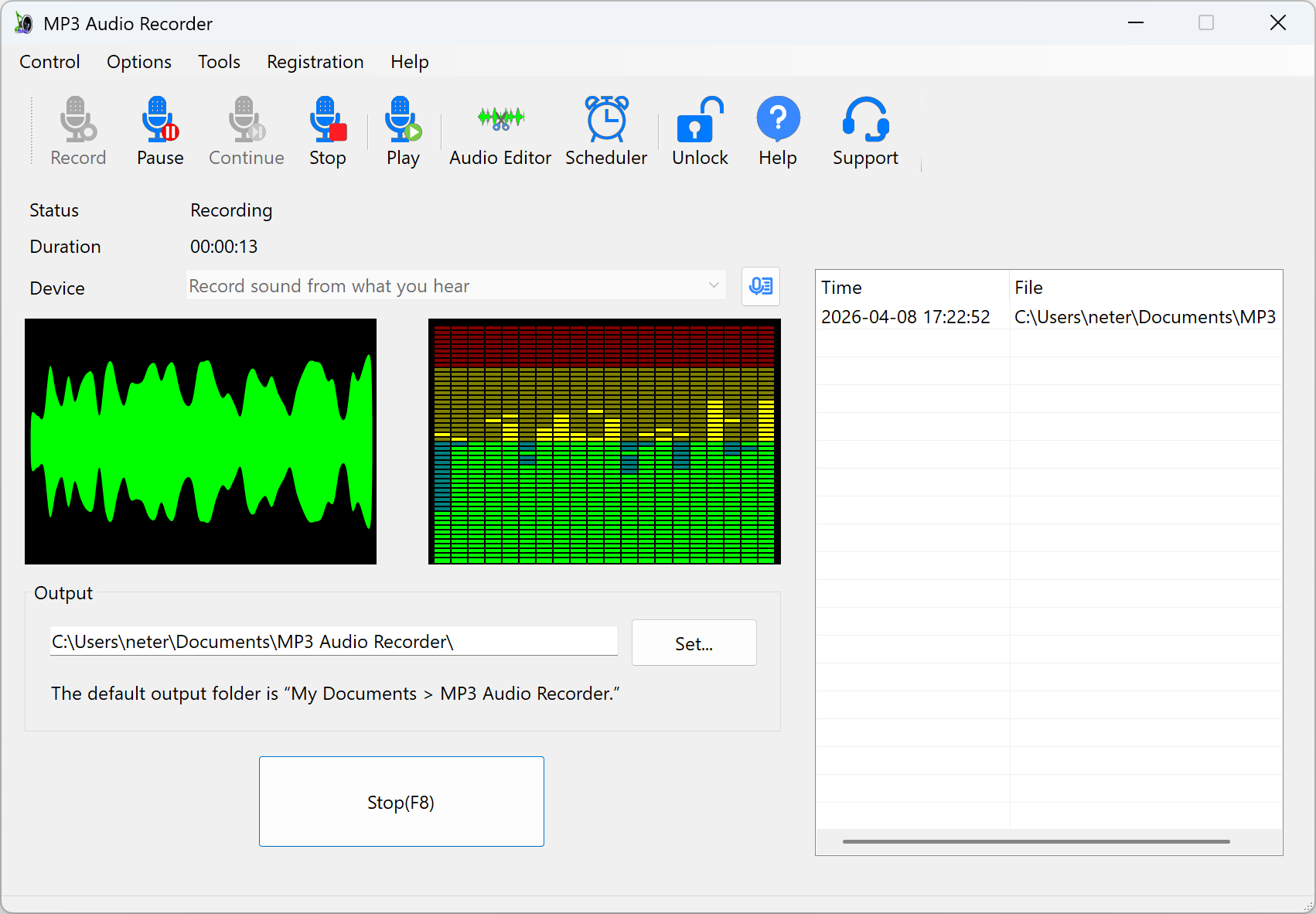 Скриншот MP3 Audio Recorder с записью звука и индикатором уровня