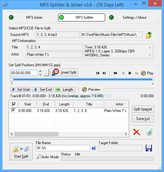 EZ SoftMagic MP3 Splitter & Joiner — вкладка MP3 Splitter