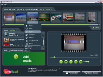 Меню Add в muvee Reveal: добавление материалов с компьютера, камеры, камкордера, AVCHD-камеры, снимков из видео и Intertitle