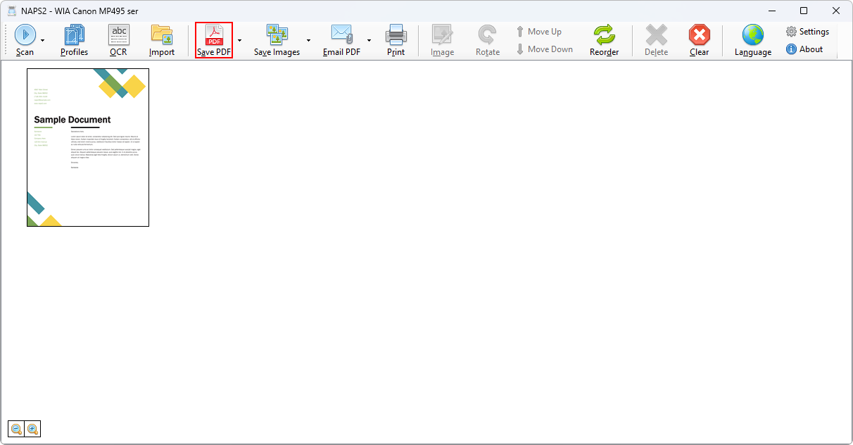 Реальный скриншот NAPS2 со сканом и кнопкой Save PDF