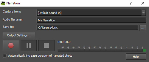 Окно Narration для записи голосовой озвучки в PhotoStage