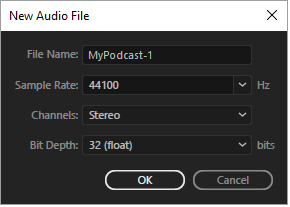 Создание нового аудиофайла в Adobe Audition