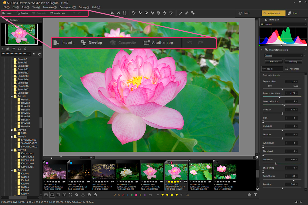 Интерфейс SILKYPIX Developer Studio Pro12 с рабочей областью, панелью параметров и лентой миниатюр